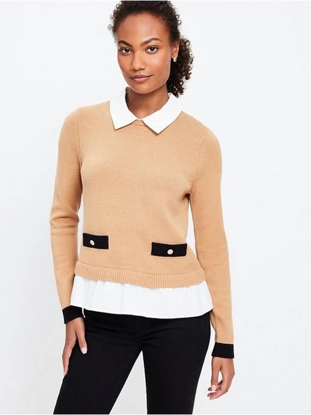 Ann Taylor Mixed Media Layered Sweater Mock Two-Fer Womens XL Camel